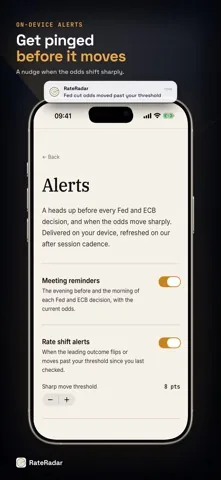 Alerts settings screen with meeting reminders and rate shift alerts, and a sharp move threshold set to 8 percentage points.